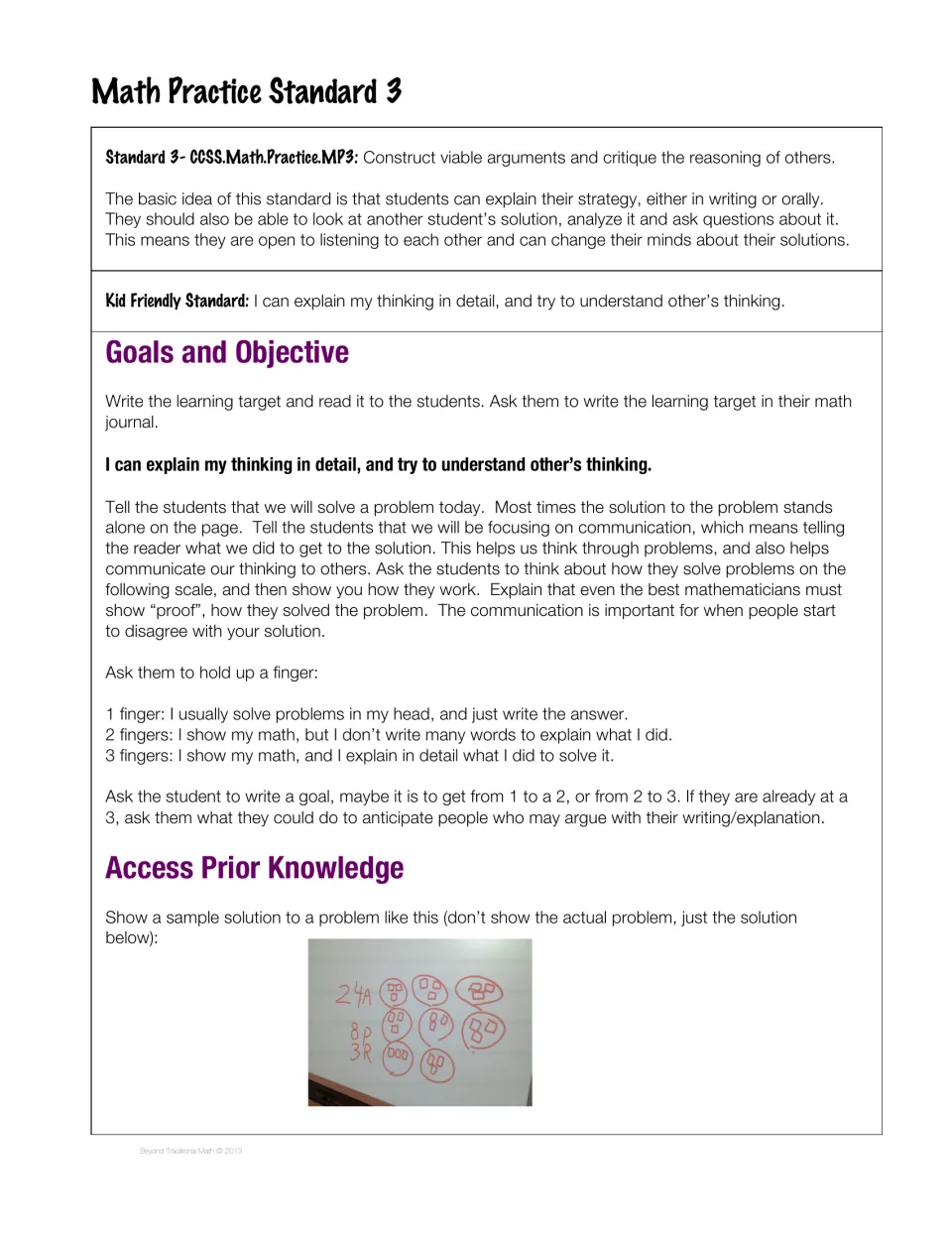 Math Practice Standard 3, construct arguments and critique reasoning: 1-3 finger scale and a sample solution
