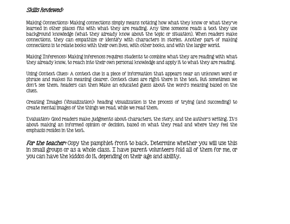 Teacher guide defines five reading skills and explains copying the trifold for small groups or a whole class