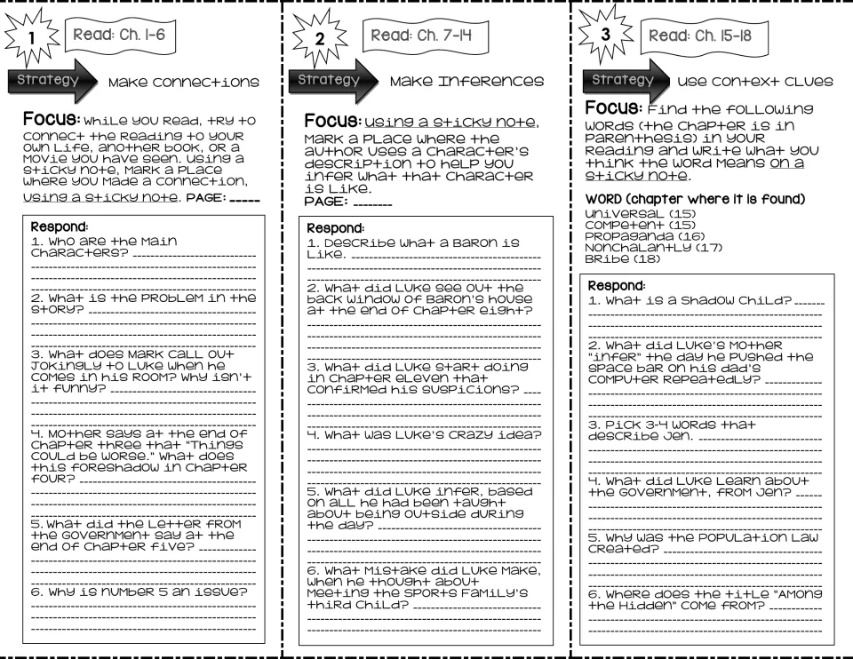 Trifold sections 1–3 cover chapters 1–18 with connection, inference, and context clue tasks and reading questions