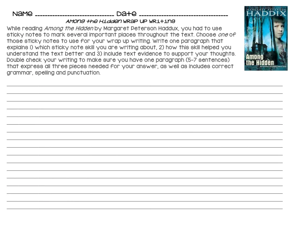 Writing wrap-up asks for a 5–7 sentence paragraph explaining one sticky-note reading skill with text evidence