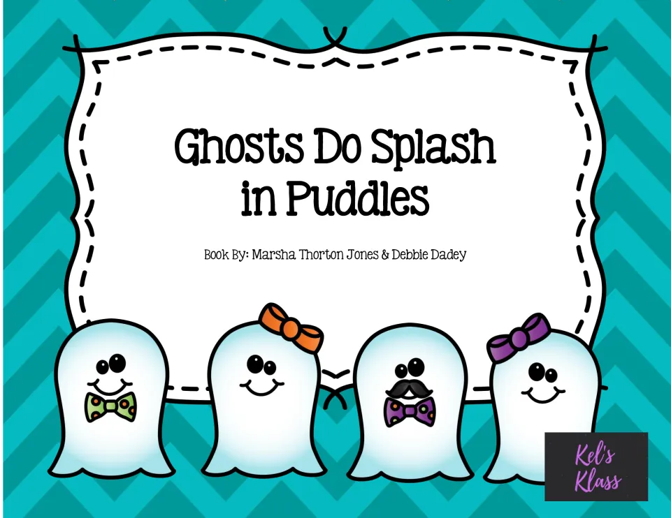 Cover for a Ghosts Do Splash in Puddles novel study by Marsha Thorton Jones & Debbie Dadey, with four smiling ghosts