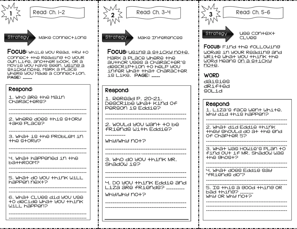 Chapters 1-6 trifold panels: students make connections, make inferences and use context clues, then answer questions