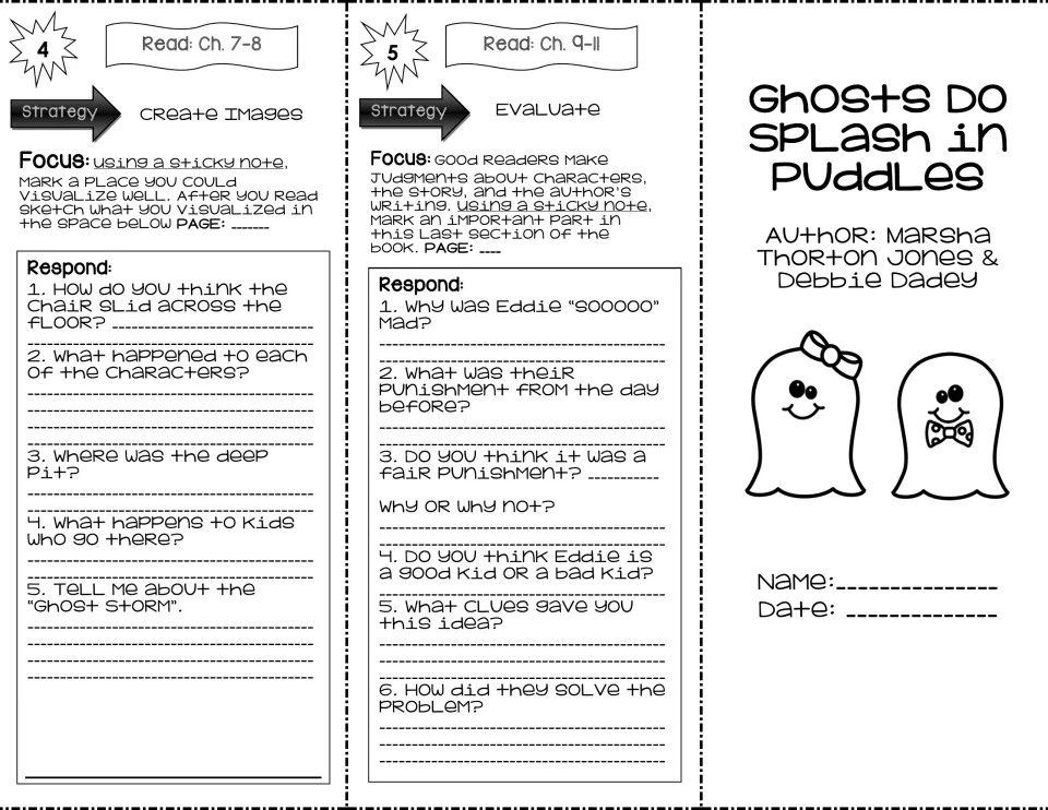 Chapters 7-11 trifold panels: students sketch what they visualize and evaluate Eddie's choices, plus the pamphlet cover
