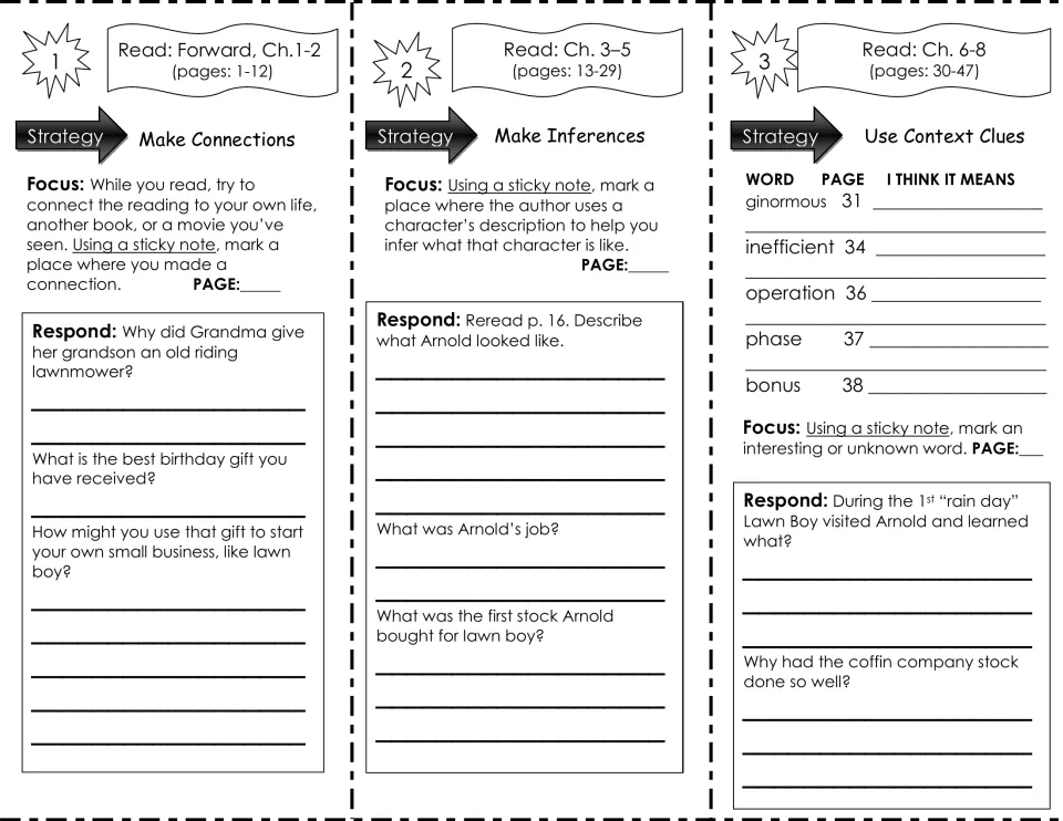 Lawn Boy ch. 1-8: students make connections, infer what Arnold is like and define words like ginormous from context