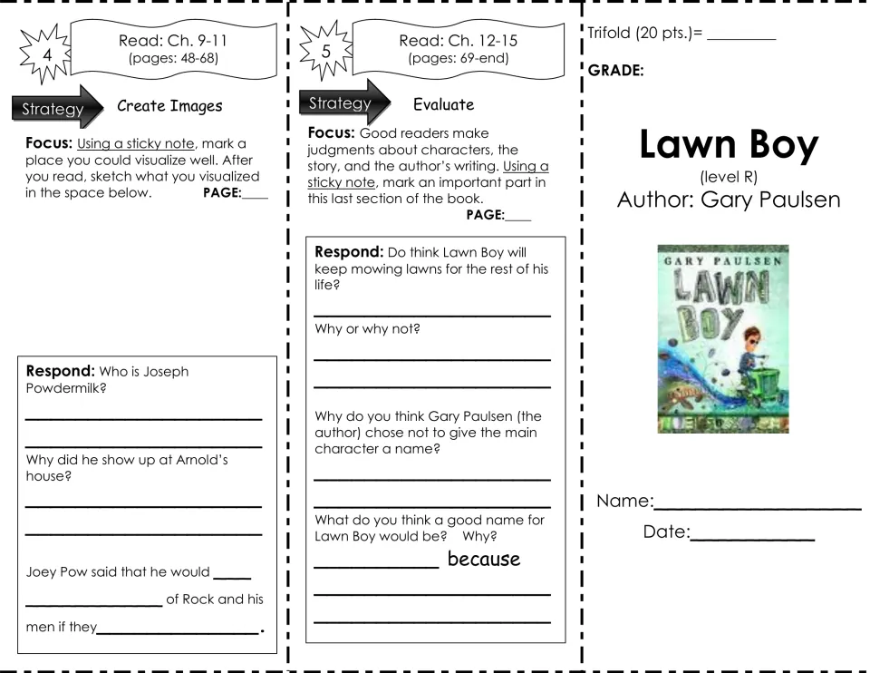 Lawn Boy ch. 9-15: students sketch a scene they visualized, answer Joseph Powdermilk questions and judge the ending