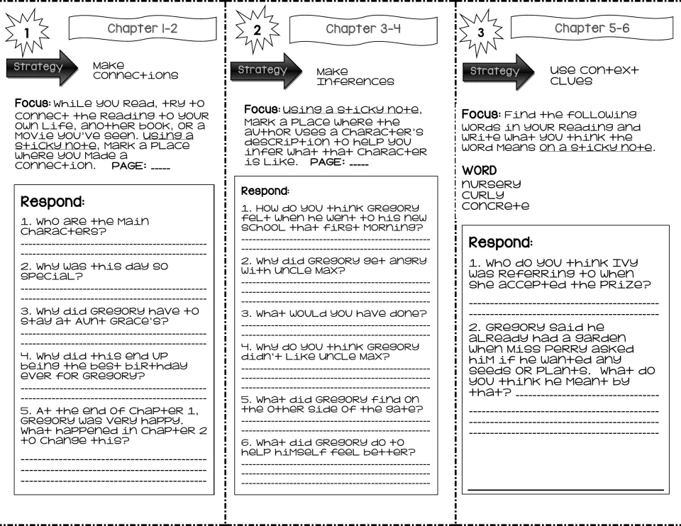 Chapters 1-6 questions: students make connections, infer about Gregory and define nursery, curly and concrete from context