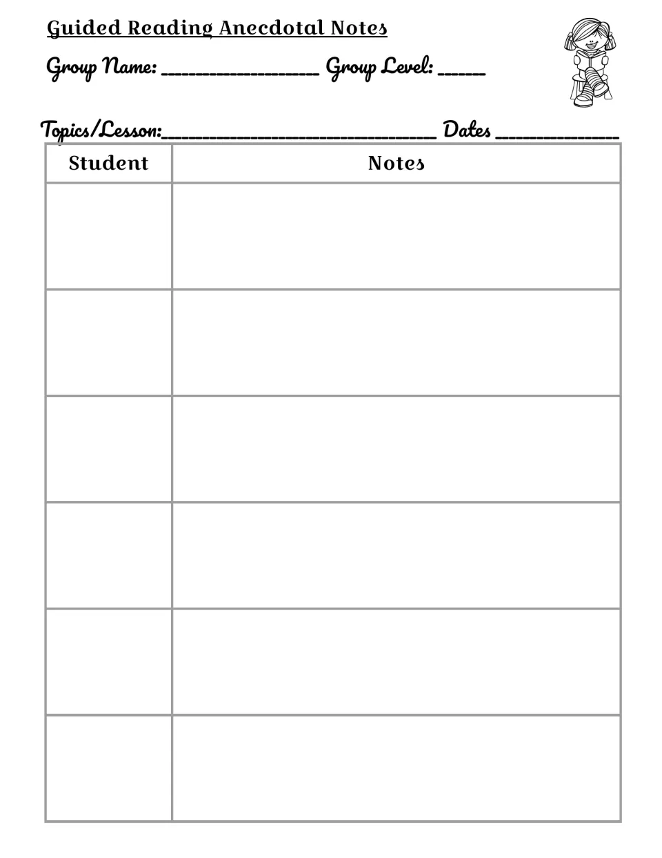 Anecdotal notes form: teacher records group name, level, topic and dates, then writes observation notes for six students
