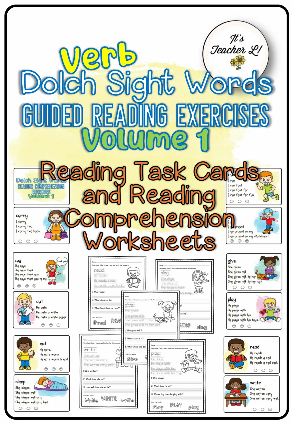 Cover for Dolch verb guided reading exercises, Volume 1, showing task cards and comprehension worksheets