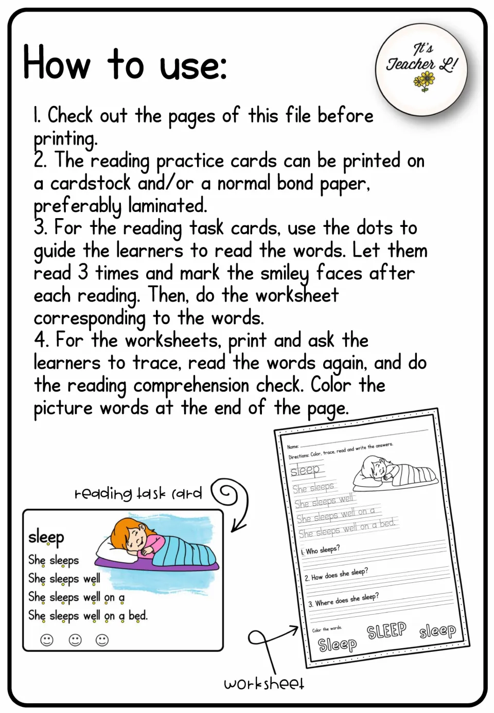 Directions for printing cards, reading three times, marking smiley faces, and completing matching worksheets