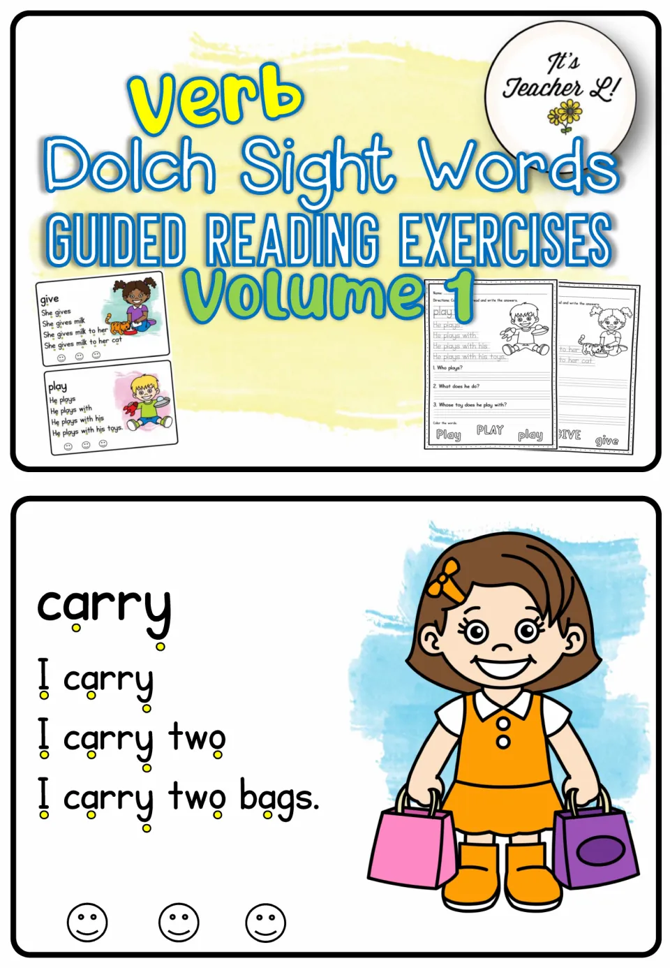 First verb reading card, carry, builds to 'I carry two bags,' beside a girl holding bags and a title panel