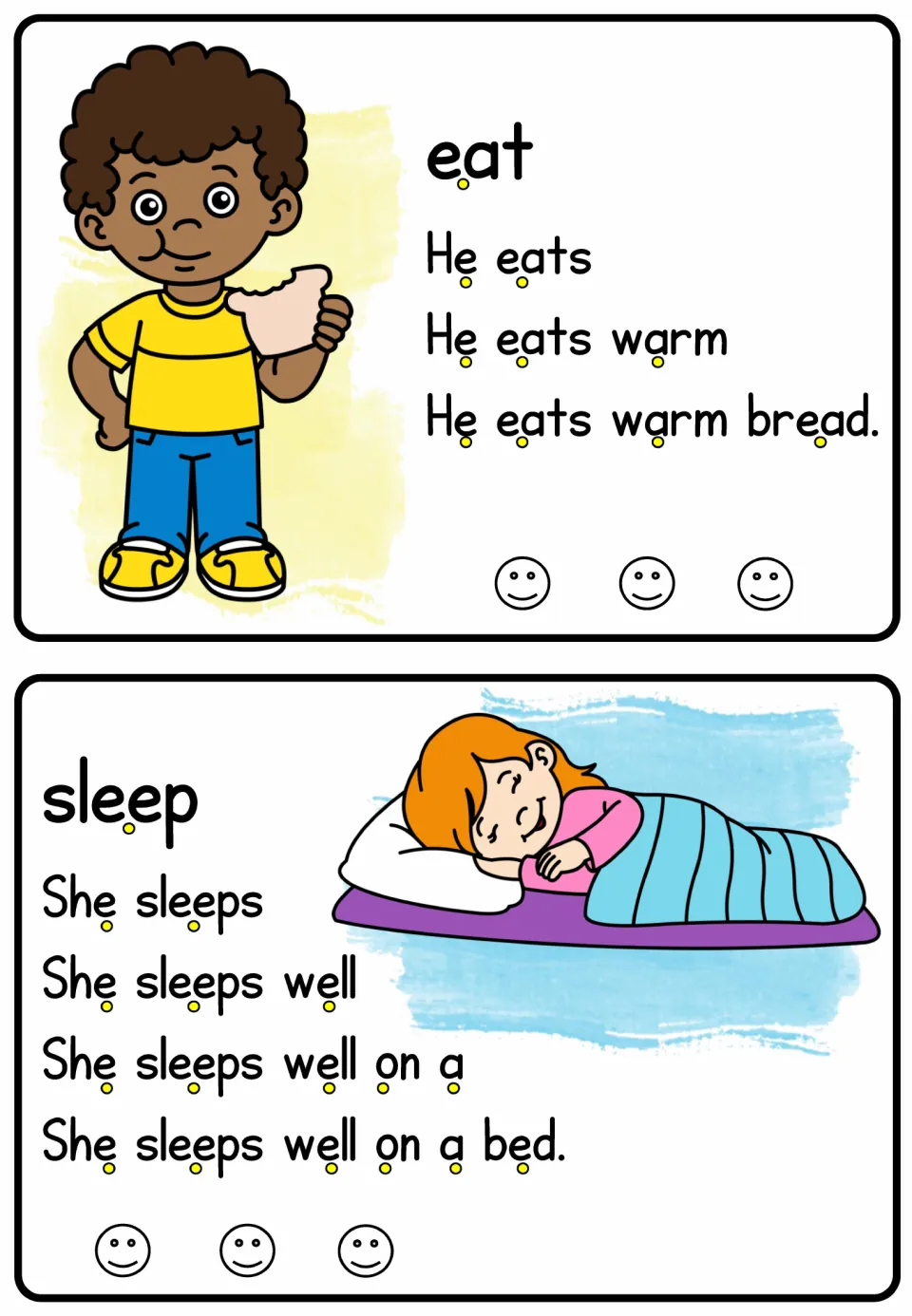 Verb reading cards for eat and sleep build to 'He eats warm bread' and 'She sleeps well on a bed'