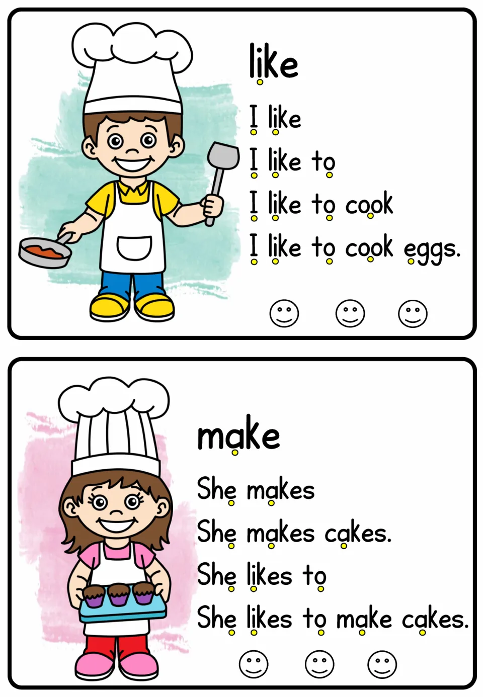 Verb reading cards for like and make include 'I like to cook eggs' and 'She likes to make cakes'