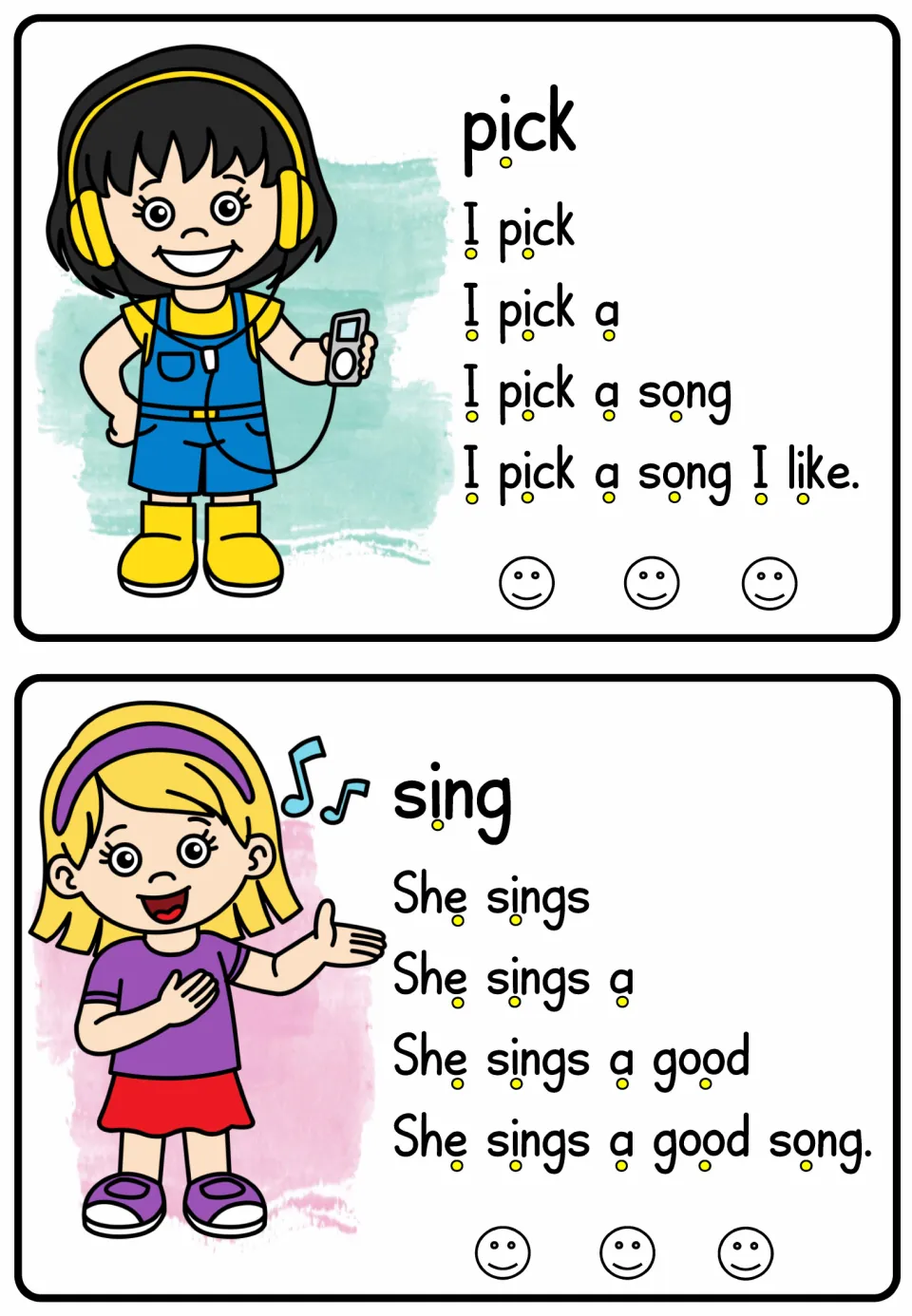 Verb reading cards for pick and sing build to 'I pick a song I like' and 'She sings a good song'