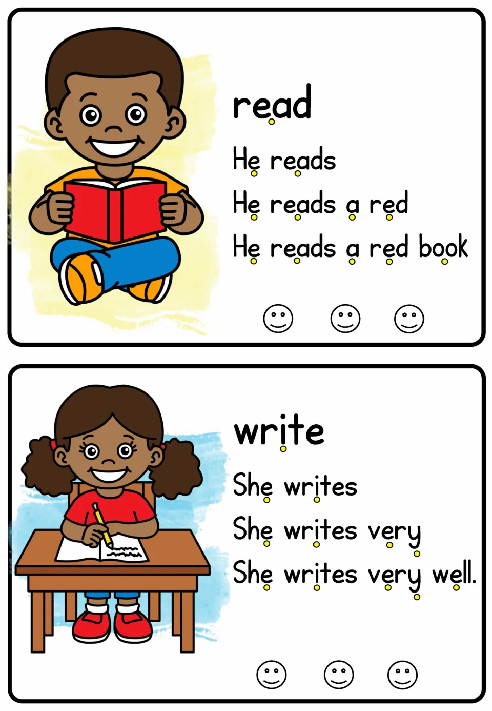 Verb reading cards for read and write build to 'He reads a red book' and 'She writes very well'
