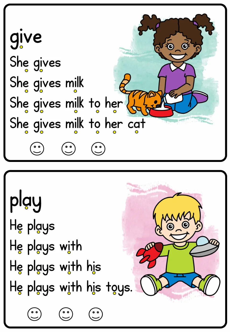 Verb reading cards for give and play include 'She gives milk to her cat' and 'He plays with his toys'
