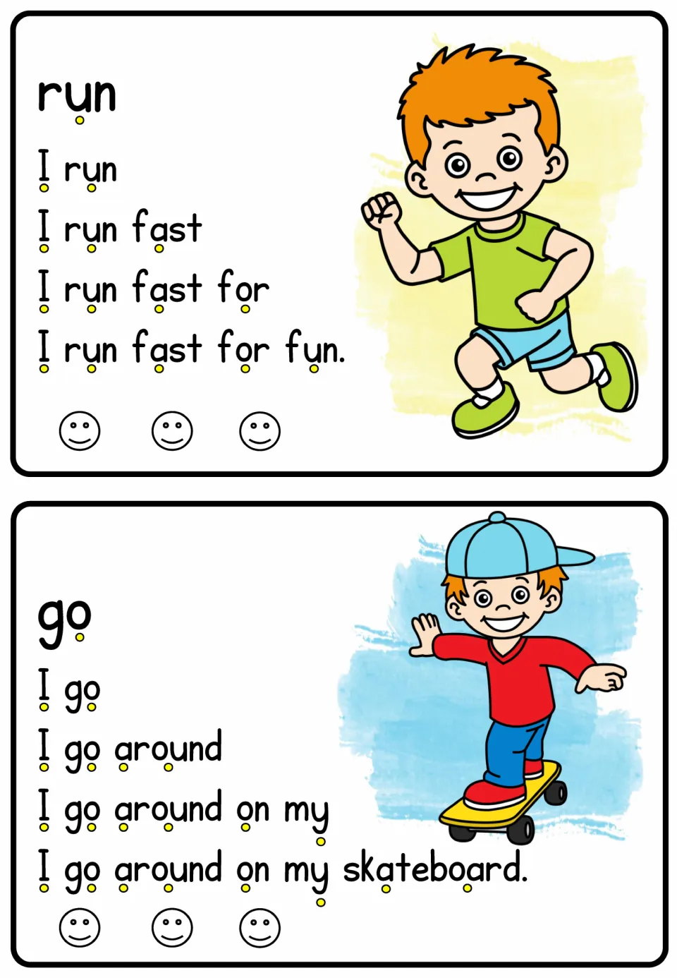 Verb reading cards for run and go include 'I run fast for fun' and 'I go around on my skateboard'
