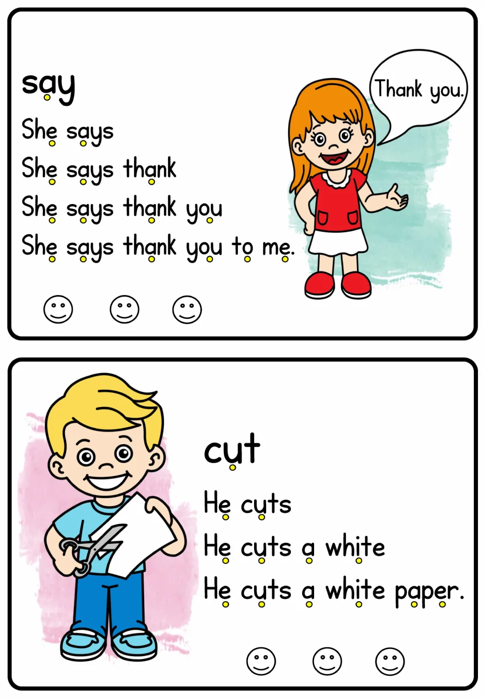 Verb reading cards for say and cut include 'She says thank you to me' and 'He cuts a white paper'