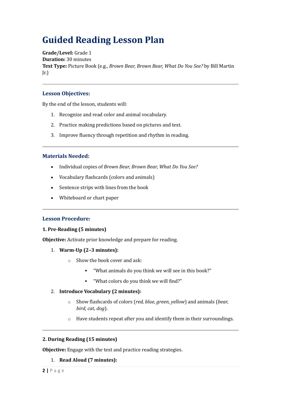Lesson plan opening: objectives, materials, color and animal vocabulary, and a 5-minute pre-reading routine