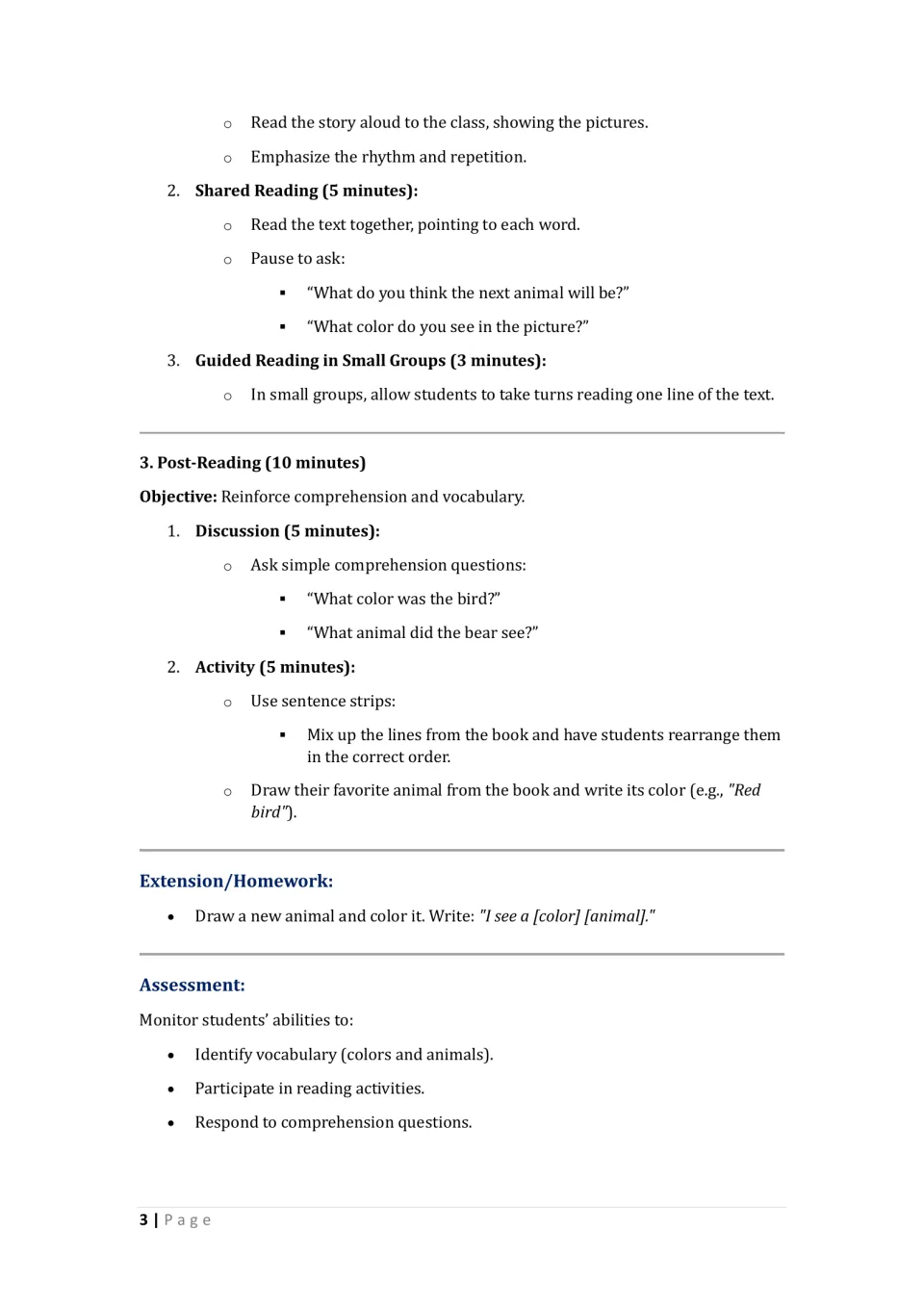 Lesson plan continuation: shared and small-group reading, post-reading discussion, homework, and assessment