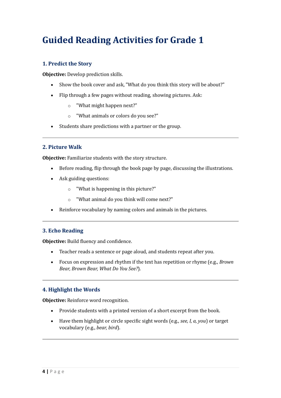Guided reading activity directions 1–4: Predict the Story, Picture Walk, Echo Reading, and Highlight the Words