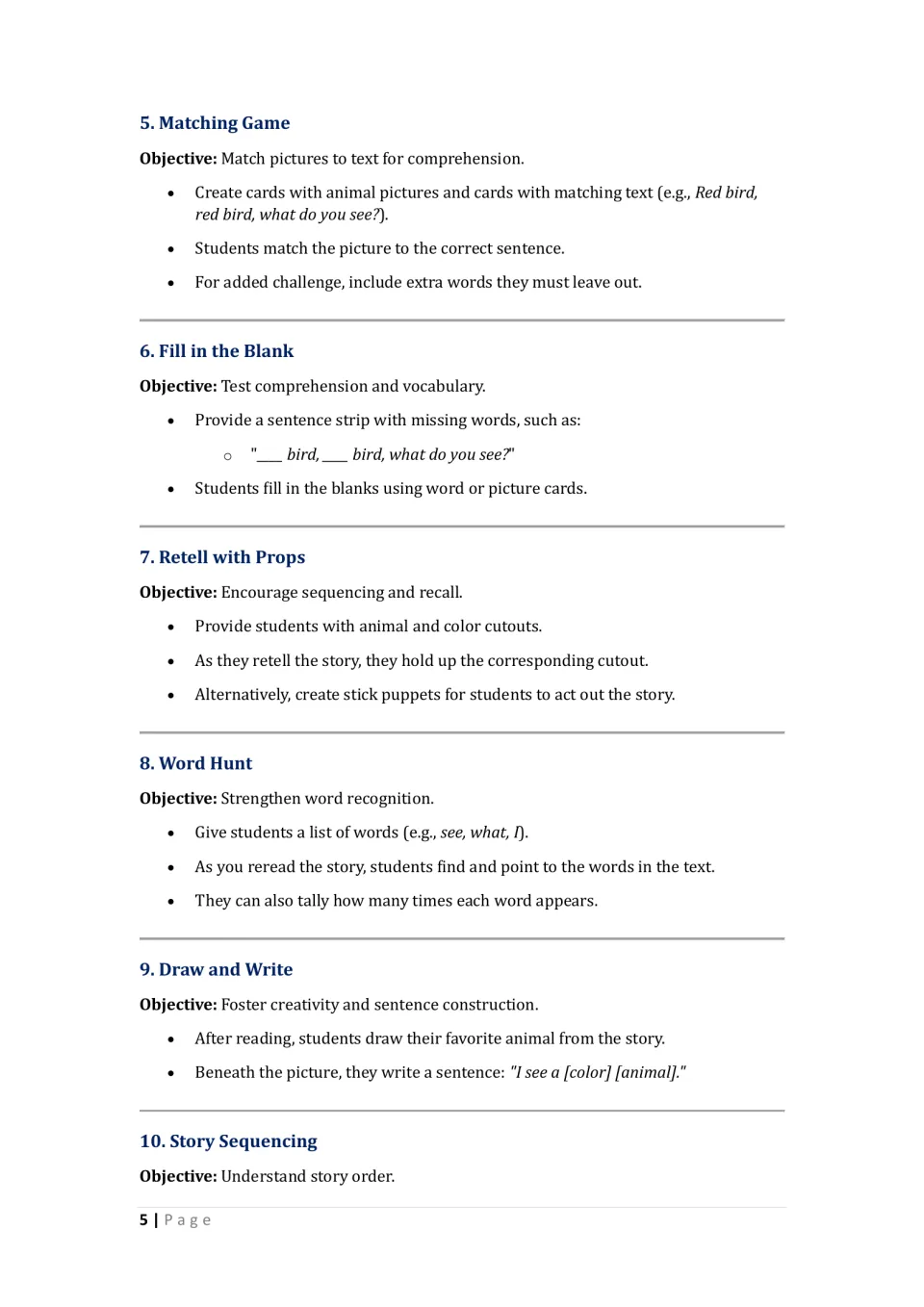 Reading activities 5–9 cover matching, fill-in-the-blank, retelling, word hunts, and writing; activity 10 begins