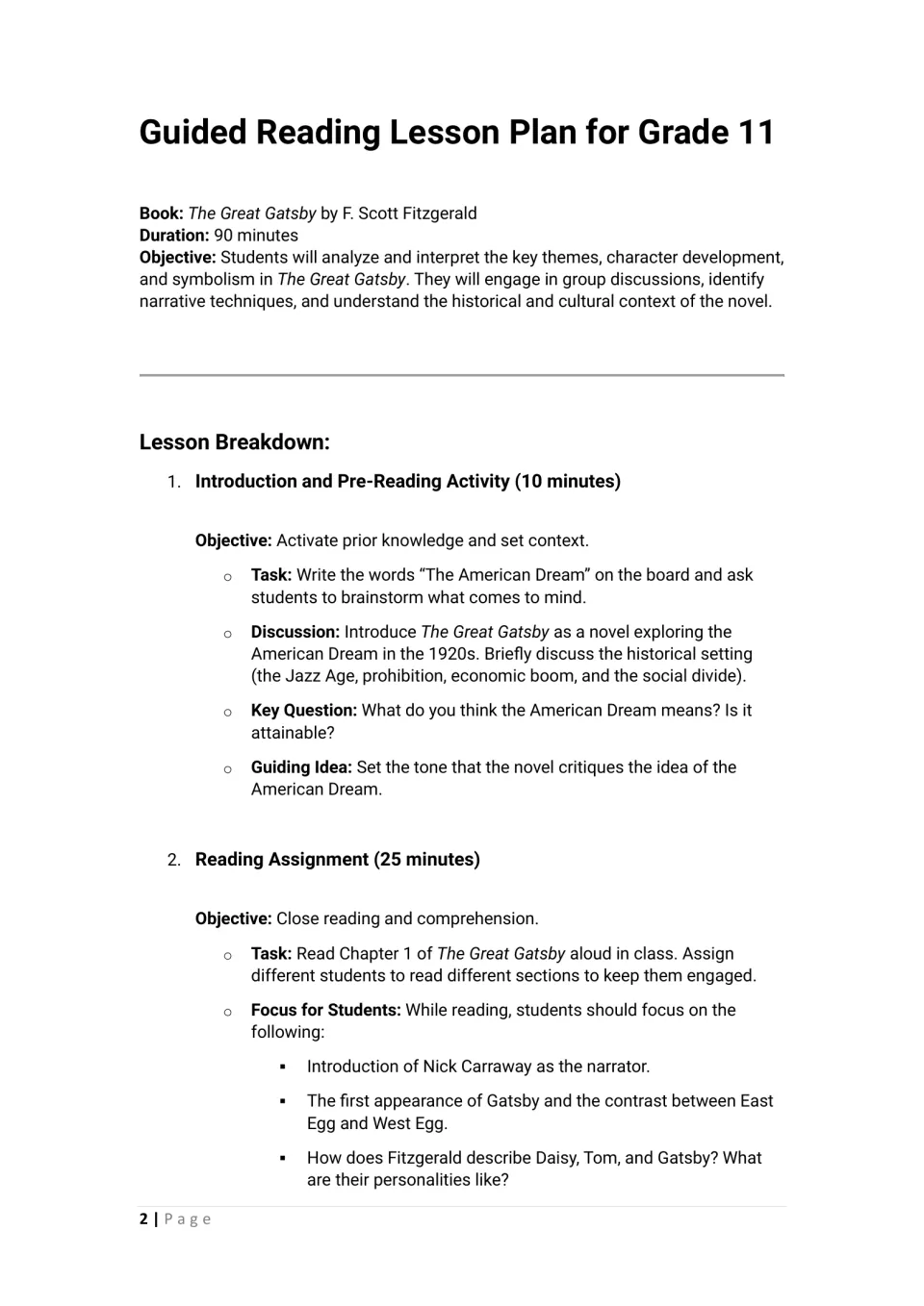 Lesson opening for The Great Gatsby: 90-minute plan, American Dream introduction, and Chapter 1 reading