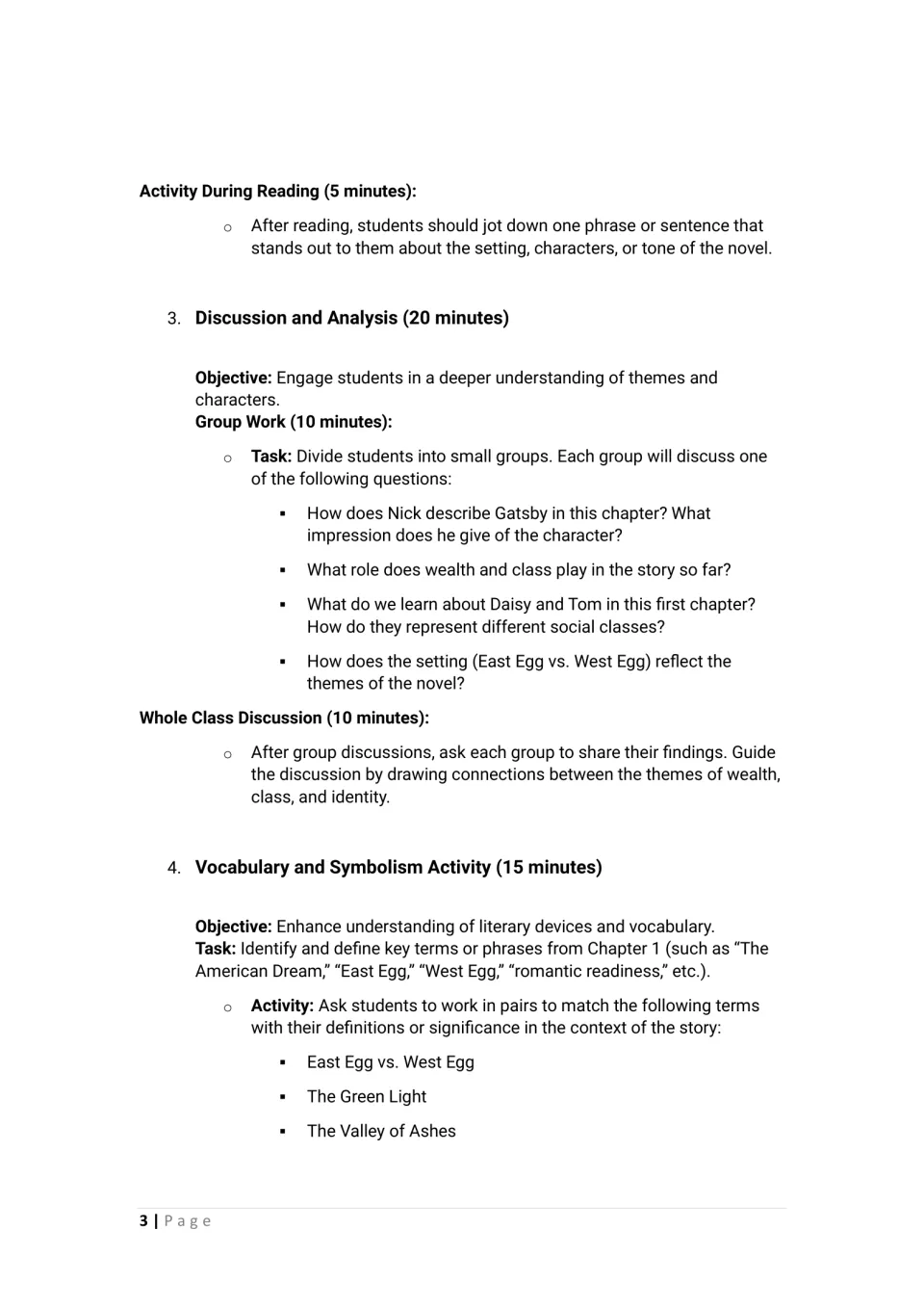 Lesson continuation: reading reflection, group discussion of wealth and class, and vocabulary and symbolism