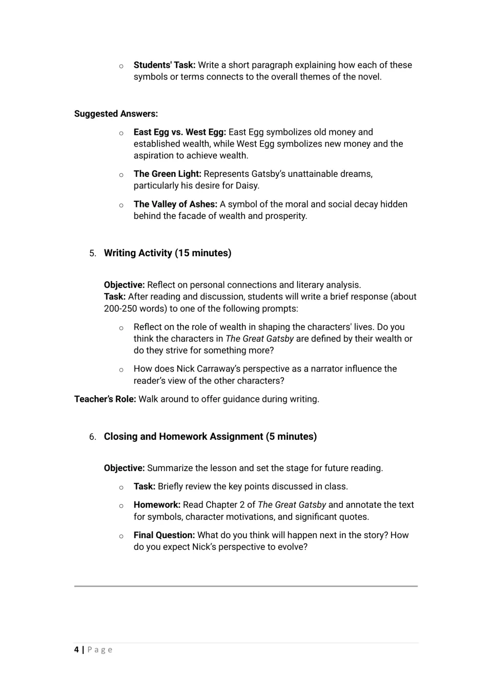 Lesson continuation: suggested symbolism answers, 200–250-word writing prompts, and Chapter 2 homework