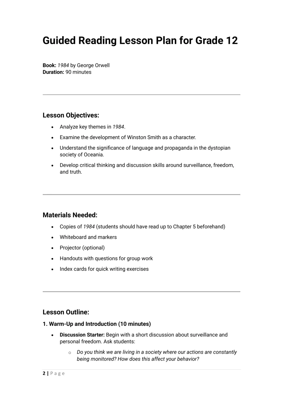 1984 lesson opening: objectives, materials, and a warm-up discussion about surveillance and personal freedom