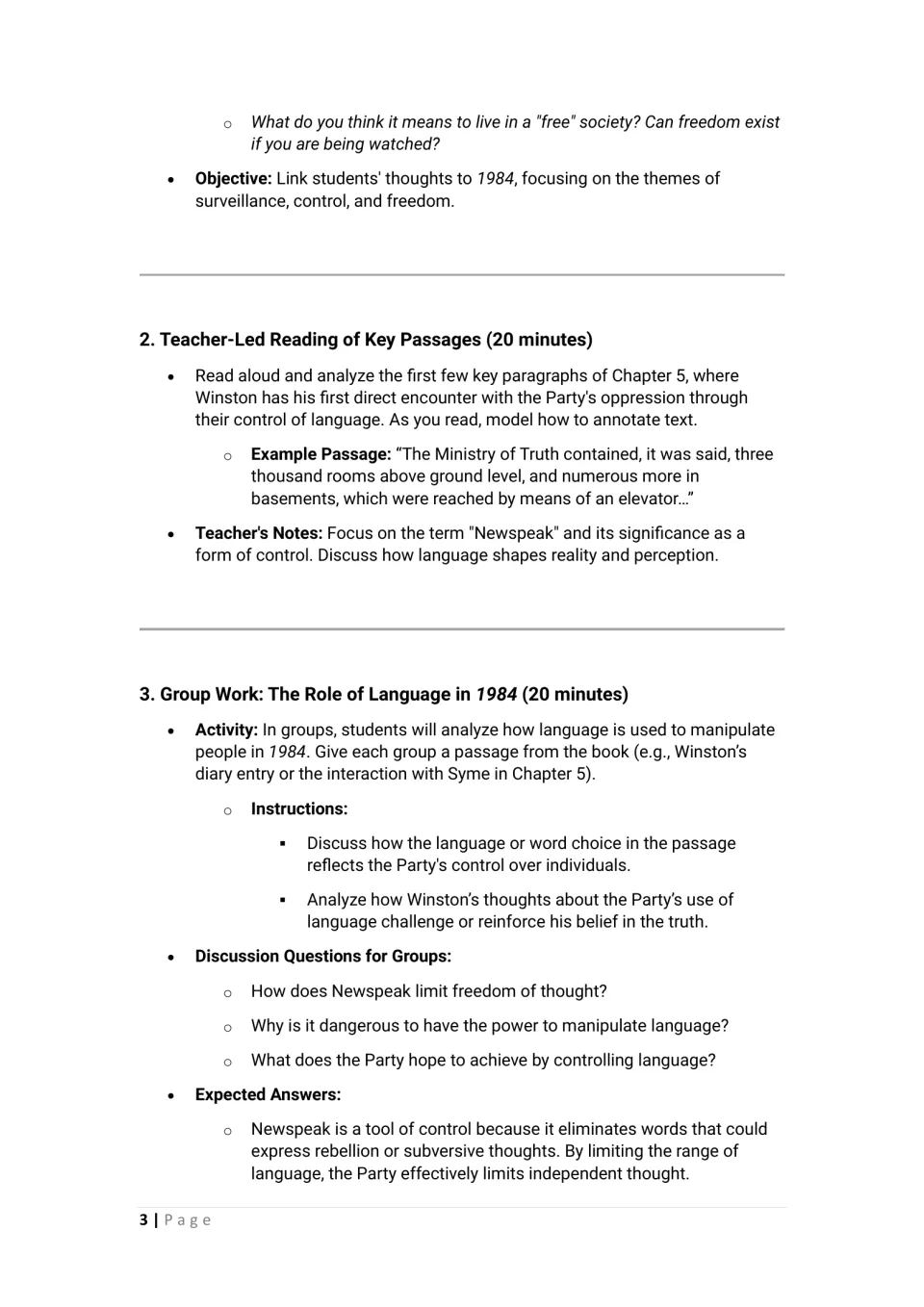 1984 lesson continuation: teacher-led reading and group analysis of Newspeak, language, and Party control