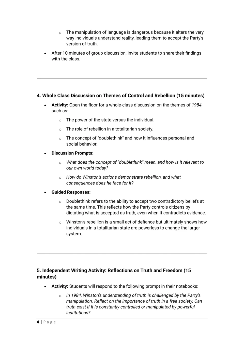 1984 lesson activities: class discussion of control, rebellion, and doublethink, plus writing on truth