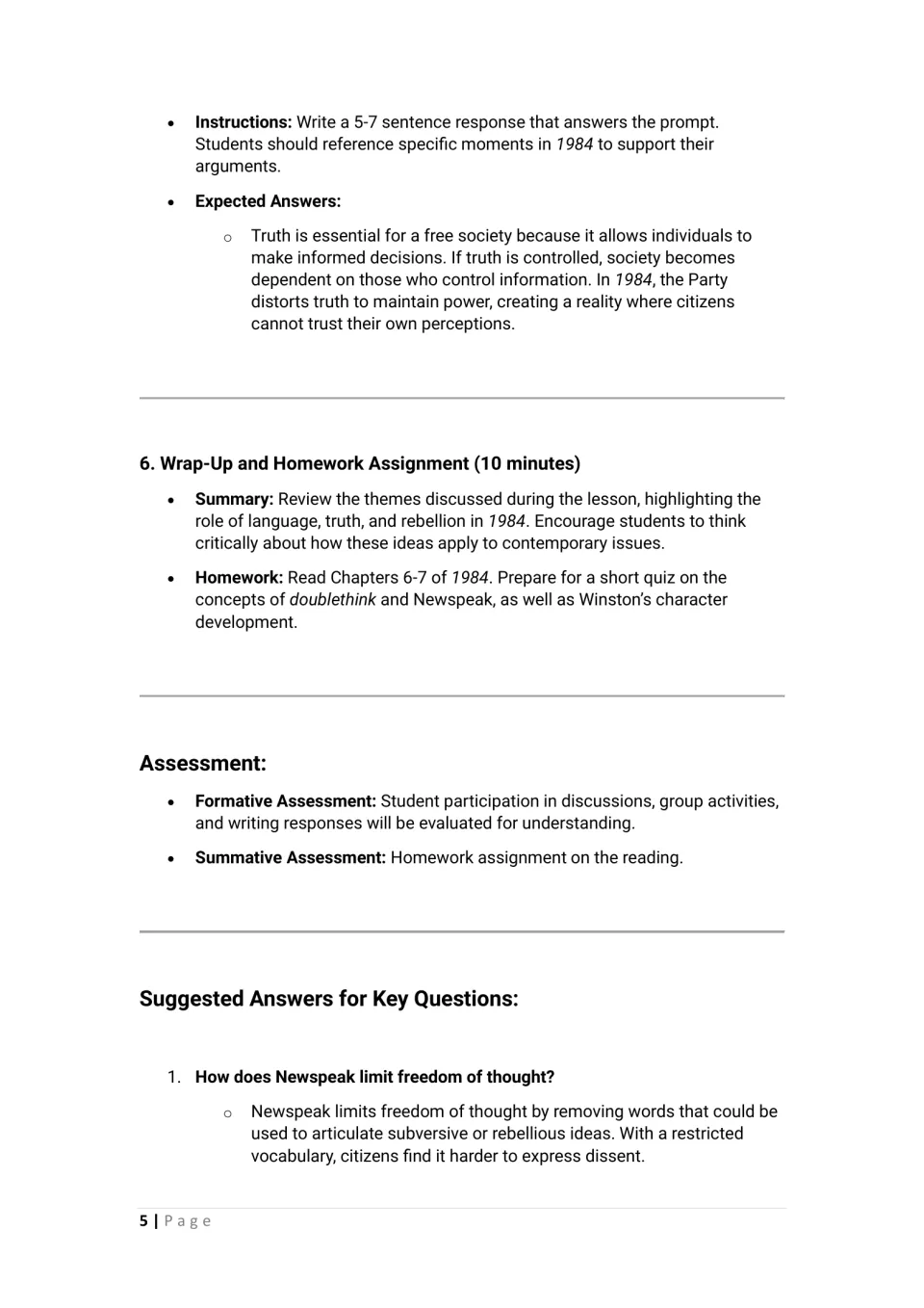 1984 lesson conclusion: writing guidance, homework on Chapters 6–7, assessment, and a Newspeak answer