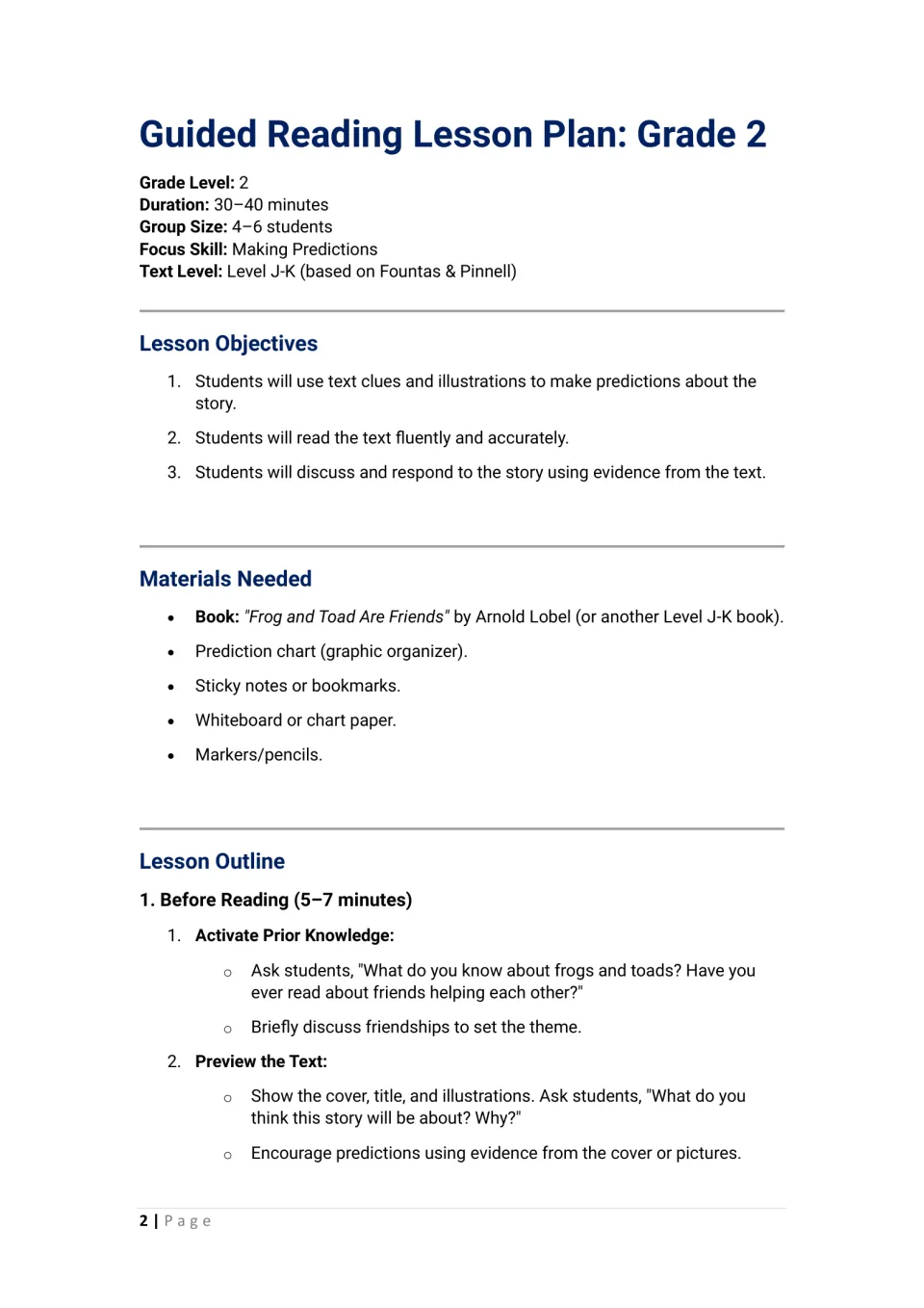 Making predictions lesson overview: objectives, materials for Frog and Toad Are Friends, and before-reading prompts