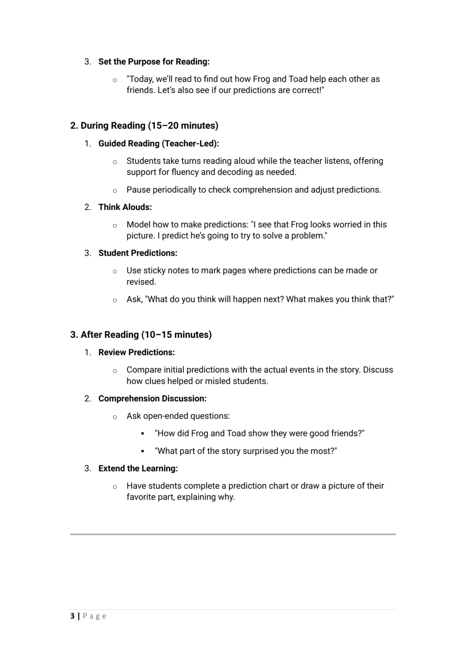 During and after reading steps: students read aloud, mark predictions on sticky notes, then review them and discuss