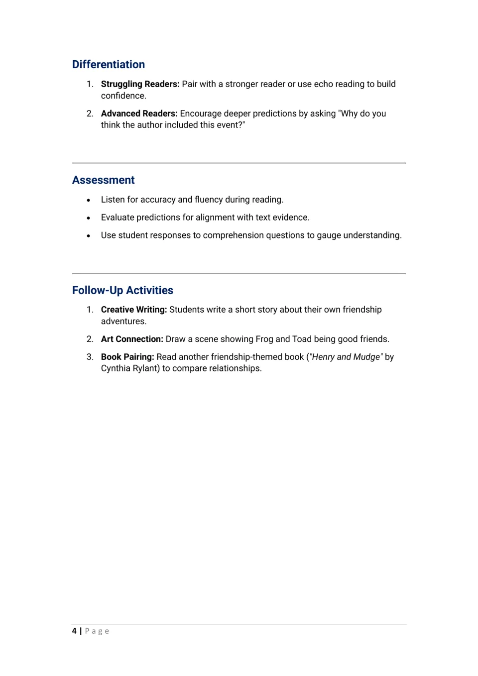 Differentiation for struggling and advanced readers, assessment checks for fluency and predictions, and follow-up ideas