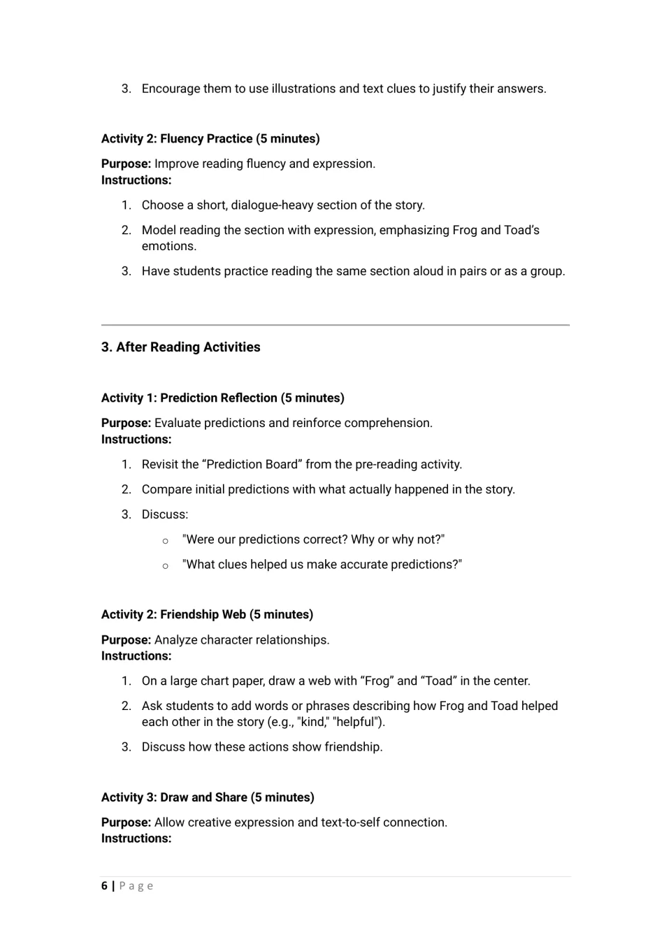 Fluency practice with dialogue, then after-reading prediction reflection and a Frog and Toad friendship web