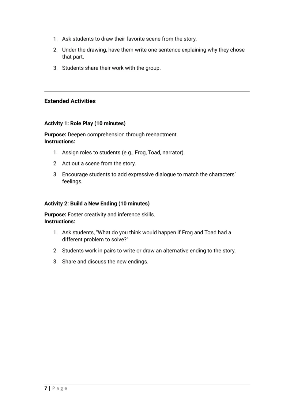 Draw-and-share steps, then extended activities: students role-play a Frog and Toad scene and write or draw a new ending