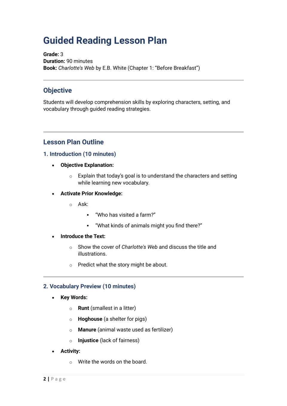Lesson plan opening: Charlotte's Web Chapter 1, a 90-minute lesson, objectives, and vocabulary preview.