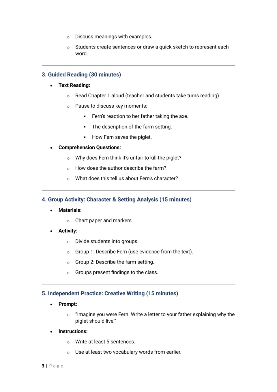 Lesson plan continuation: guided reading questions, character and setting analysis, and Fern's letter.