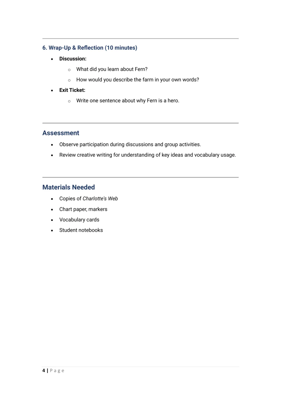 Lesson plan conclusion: reflection questions, a Fern exit ticket, assessment notes, and materials needed.