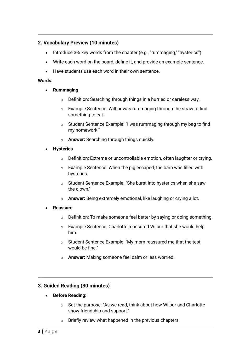 Vocabulary preview defines rummaging, hysterics, and reassure, followed by before-reading directions