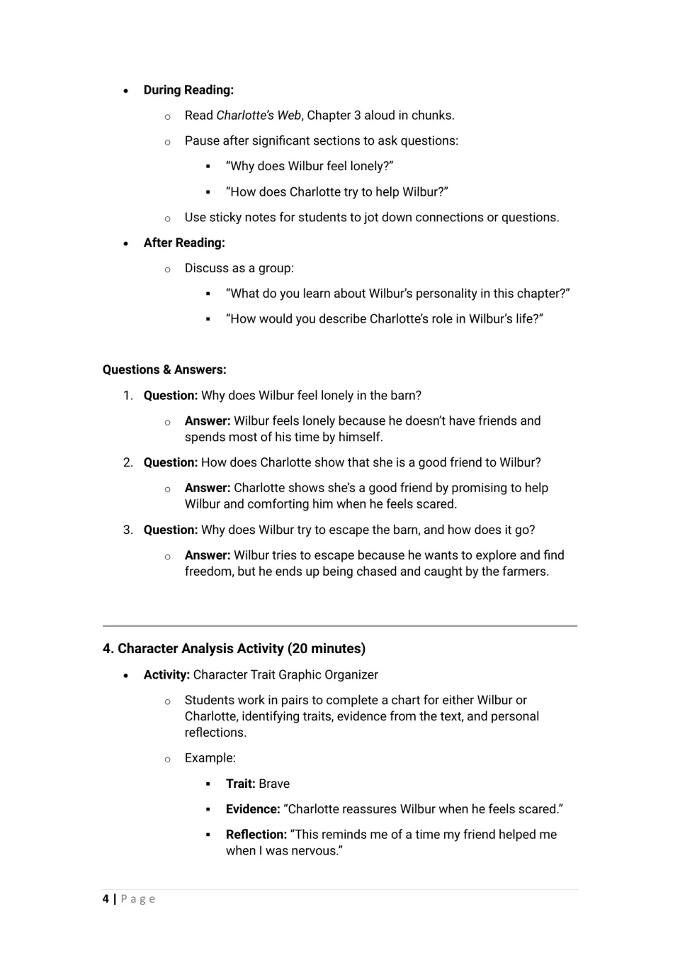 Guided reading directions, questions and sample answers about Wilbur and Charlotte, plus character analysis