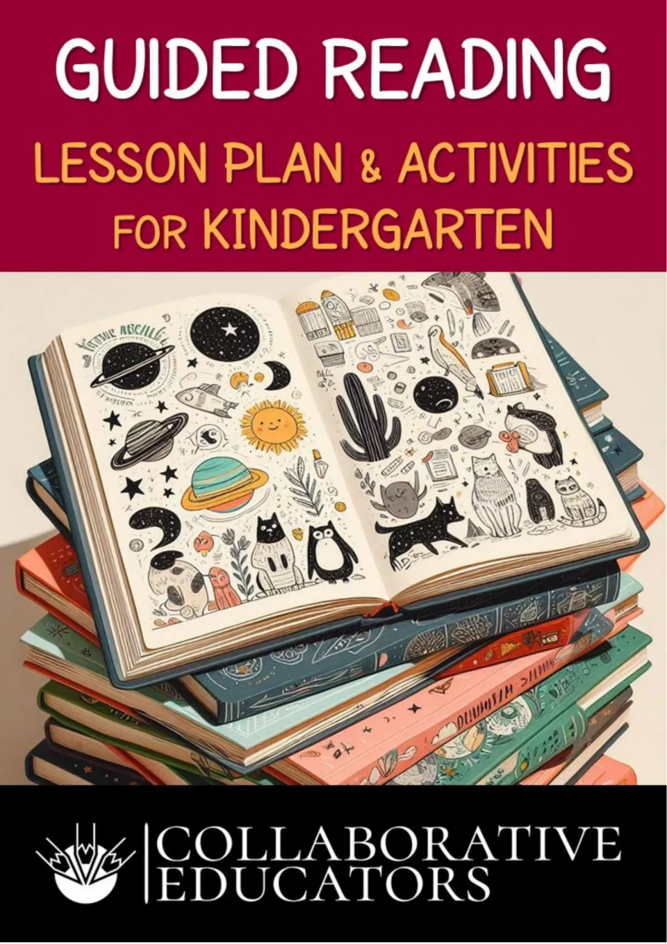 Cover of a kindergarten guided reading lesson plan with activities, showing an open doodle book on a stack of books