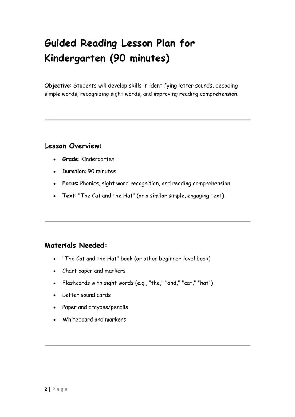 Lesson overview for 90 minutes: letter sounds, decoding and sight word goals, The Cat and the Hat as text, and materials