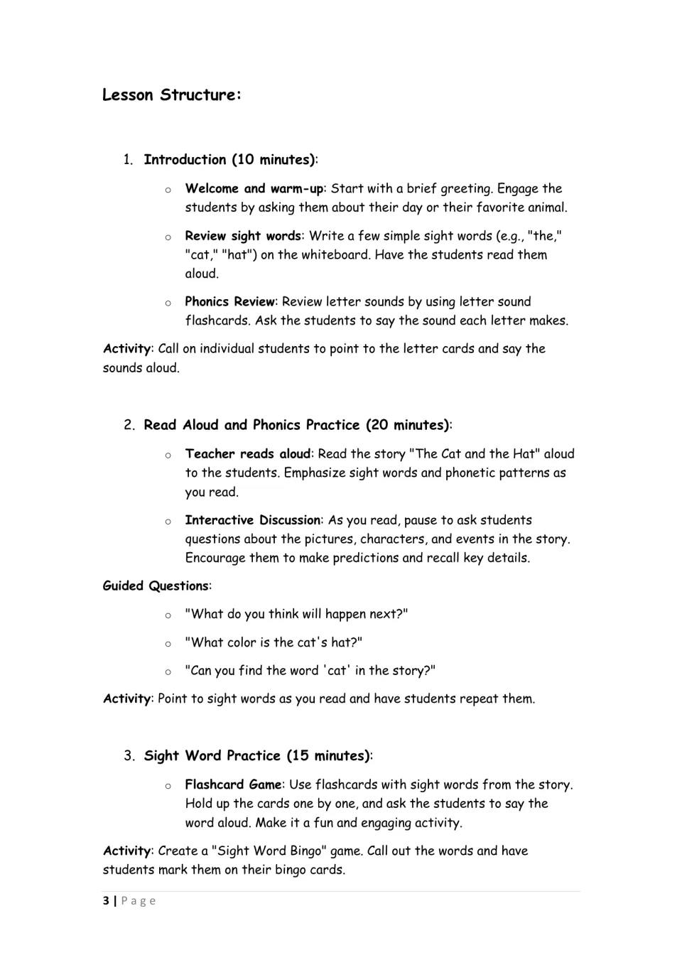 Lesson steps 1-3: warm-up with sight words and letter sound cards, read-aloud with prediction questions, Sight Word Bingo