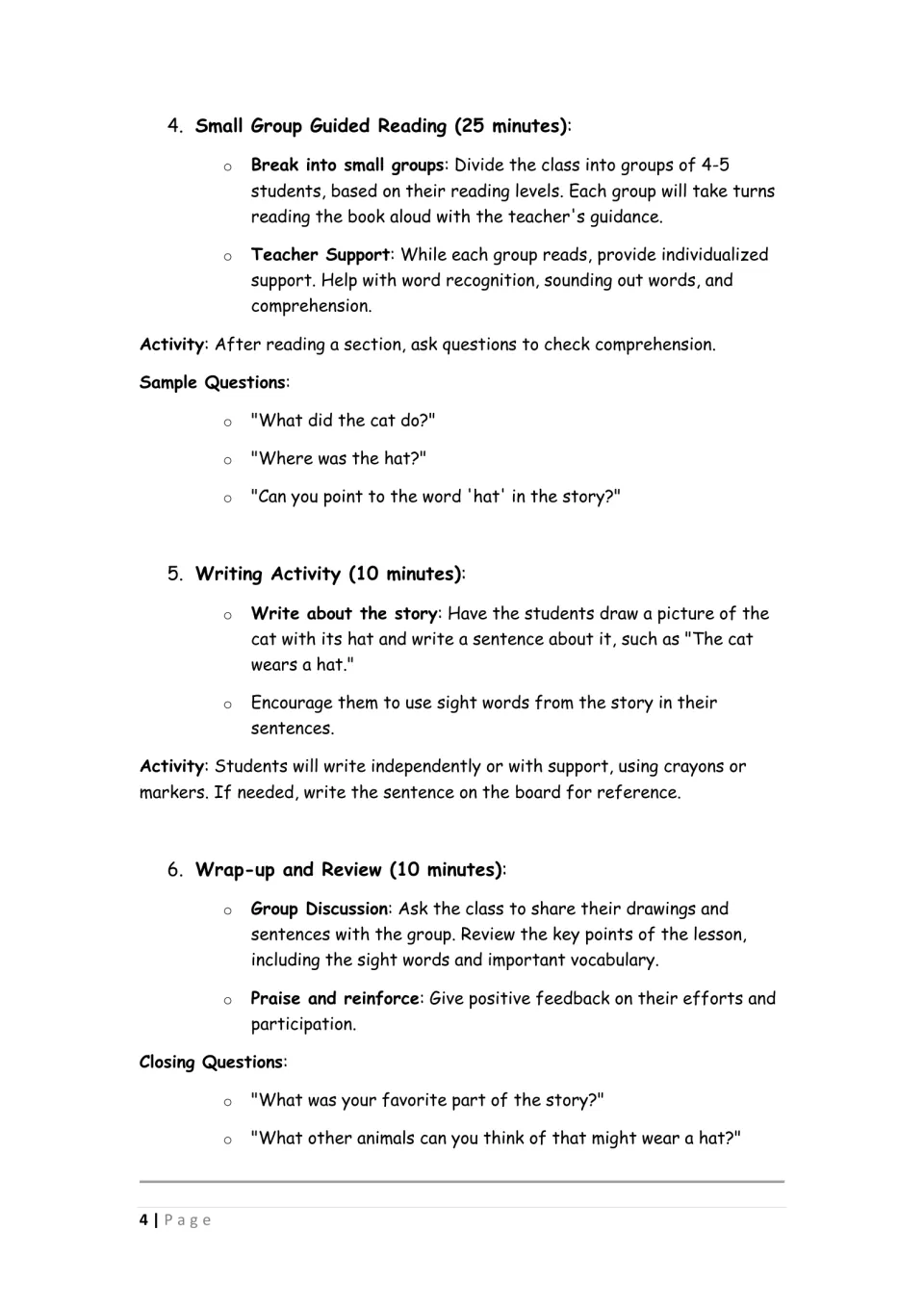 Lesson steps 4-6: small-group reading with comprehension questions, drawing the cat and writing a sentence, closing share