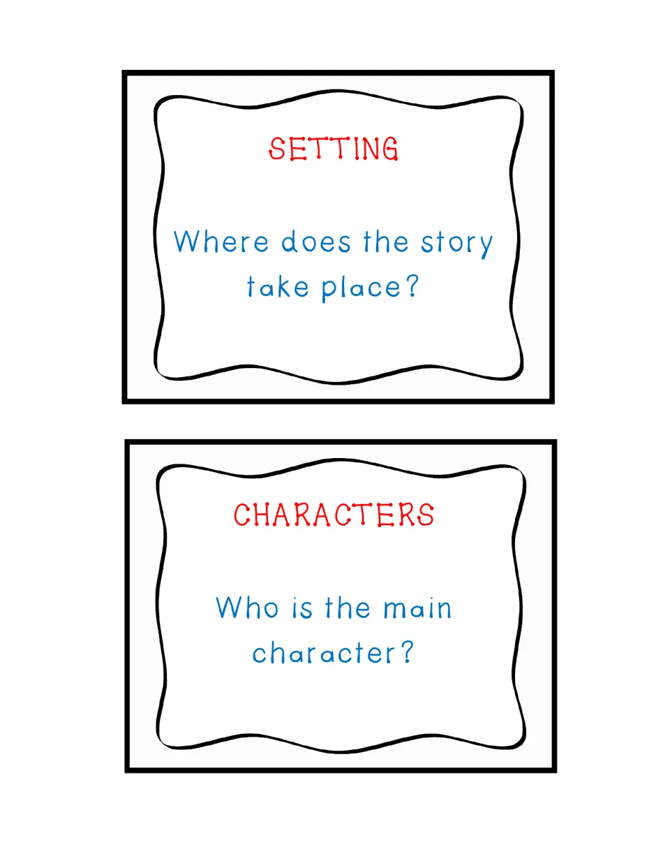 Response cards 3–4 ask where the story takes place and who the main character is, under Setting and Characters
