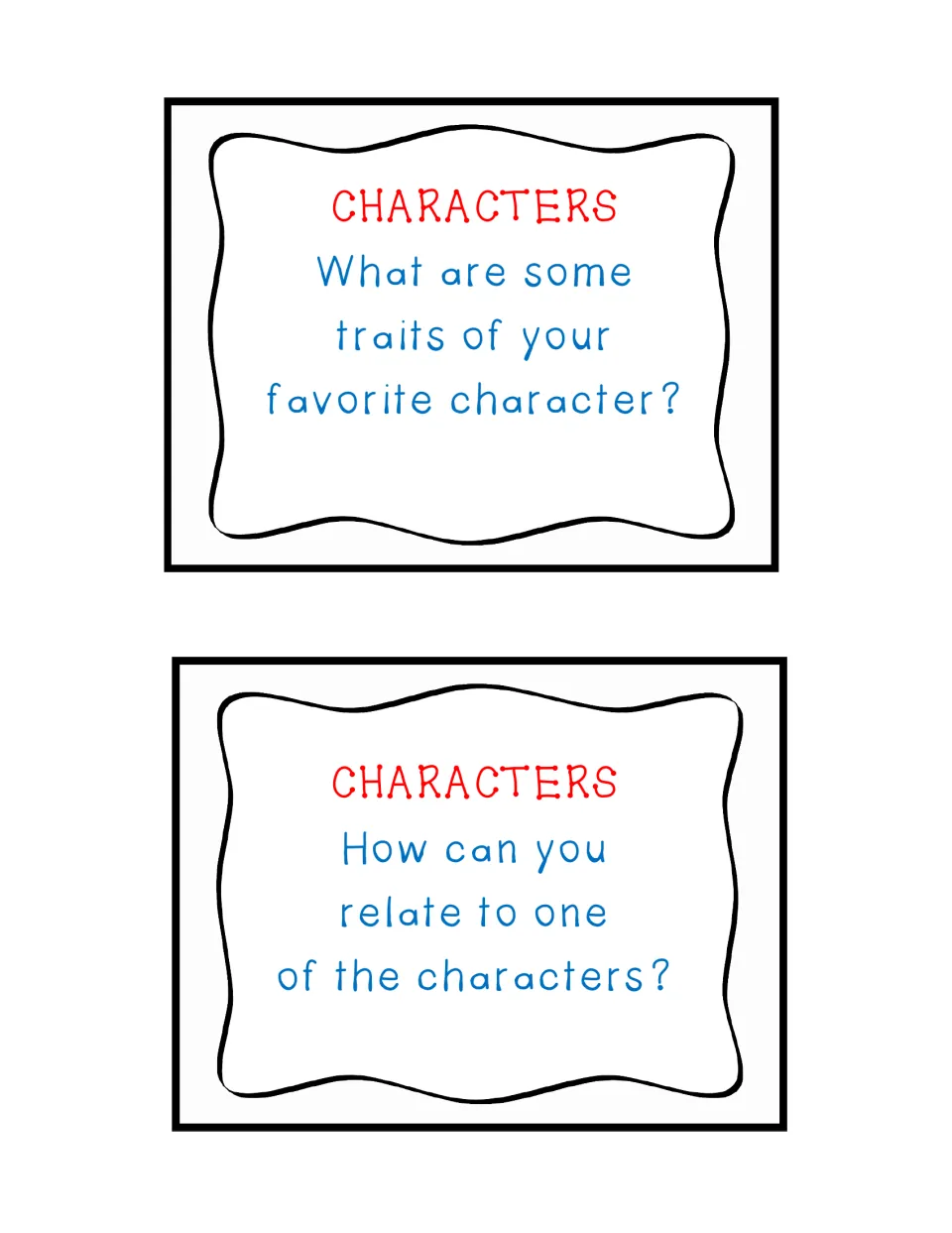 Response cards 5–6 ask for traits of a favorite character and how students relate to one of the characters