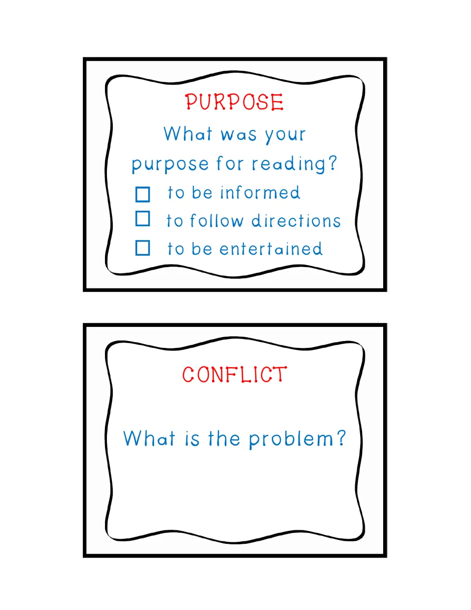 Response cards 7–8 ask about reading purpose: information, directions, or entertainment, and the story's problem