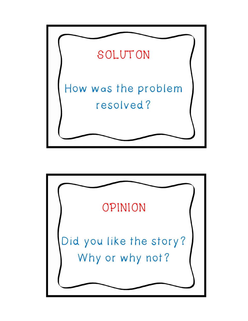 Response cards 9–10 ask how the problem was resolved and whether students liked the story, with reasons